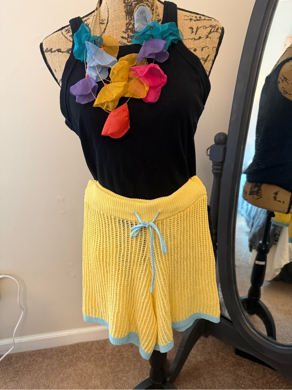 Zara Yellow Knit Shorts with Light Blue Trim